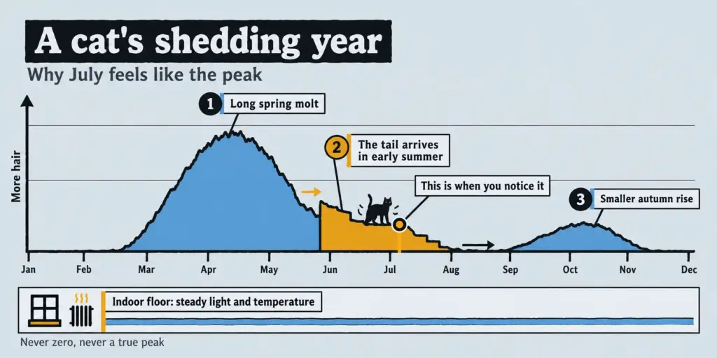 Timeline showing a cat's shedding year: long spring molt, early-summer tail, smaller autumn rise, flat indoor baseline