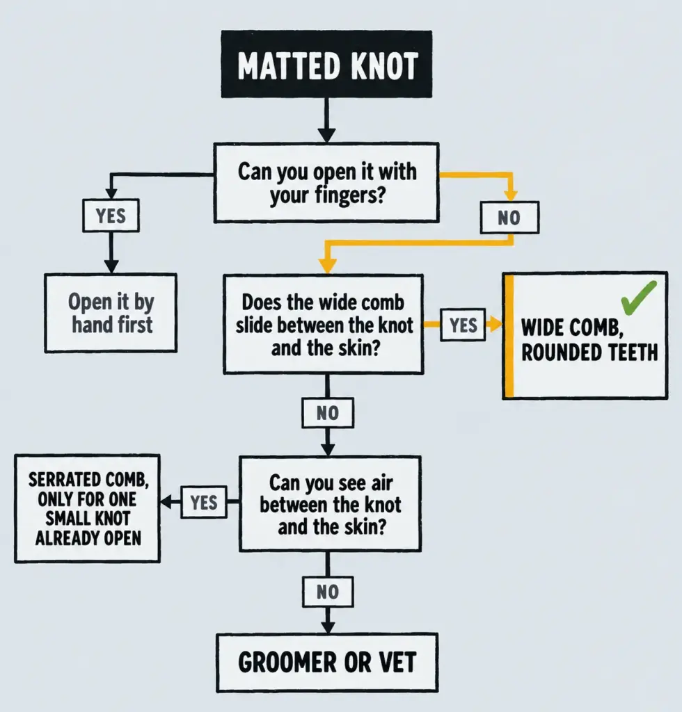 Flat decision tree for picking a cat dematting comb: finger test, skin gap test, and three labeled outcomes