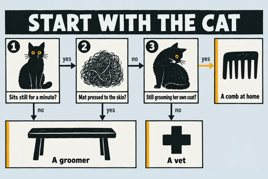 Flat linocut decision map: three yes-or-no questions about a matted cat lead to a comb at home, a groomer or a vet