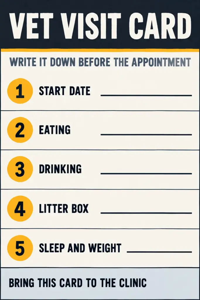 Printable vet visit card with blank lines to log an older cat's start date, eating, drinking, litter box and sleep or weight