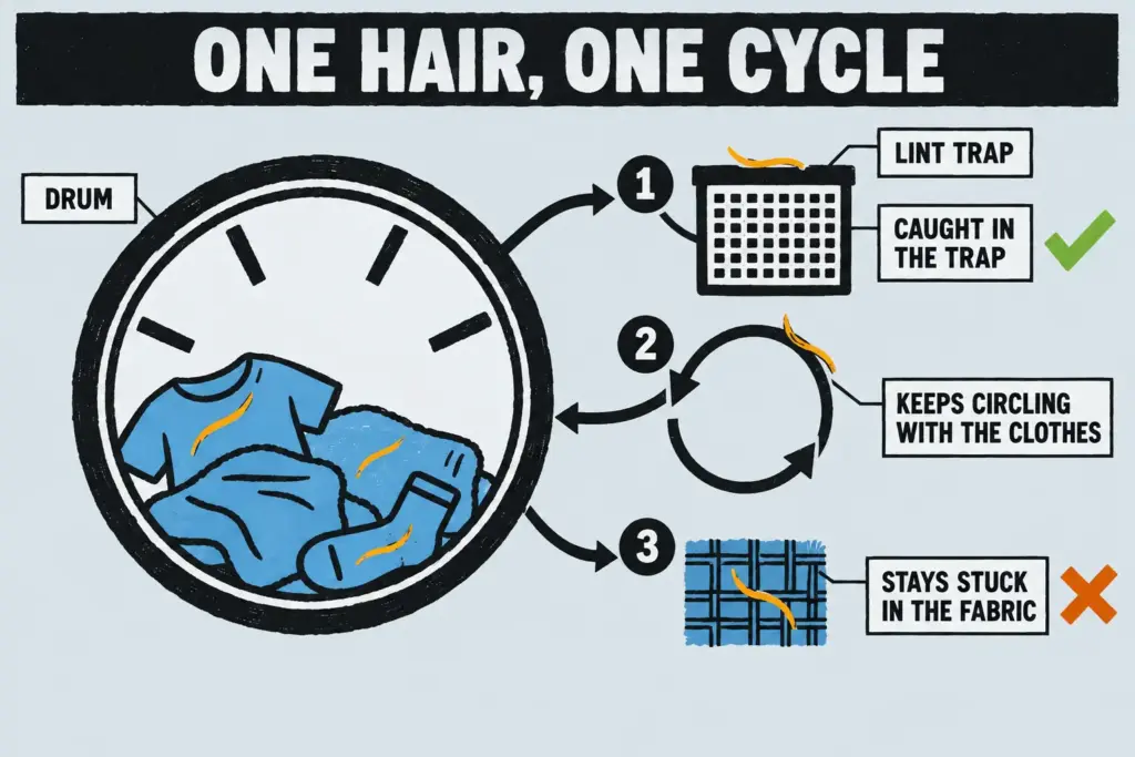 Linocut diagram of one pet hair in a dryer cycle: caught in the lint trap, circling with the clothes, or stuck in the fabric