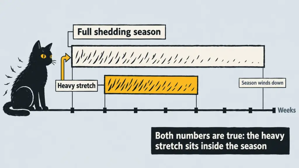 Timeline showing a short heavy-shedding bar nested inside a longer full-season bar on one weeks axis, so both numbers fit.