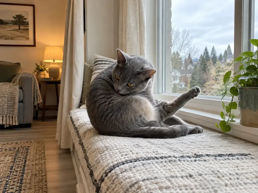 A lean blue-gray cat twisting around to wash its flank on a living-room windowsill with one hind leg lifted