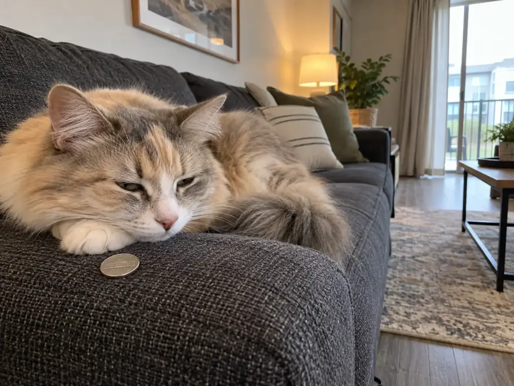 A US nickel on a sofa arm beside a dozing tortoiseshell cat, showing how small the home-work line is
