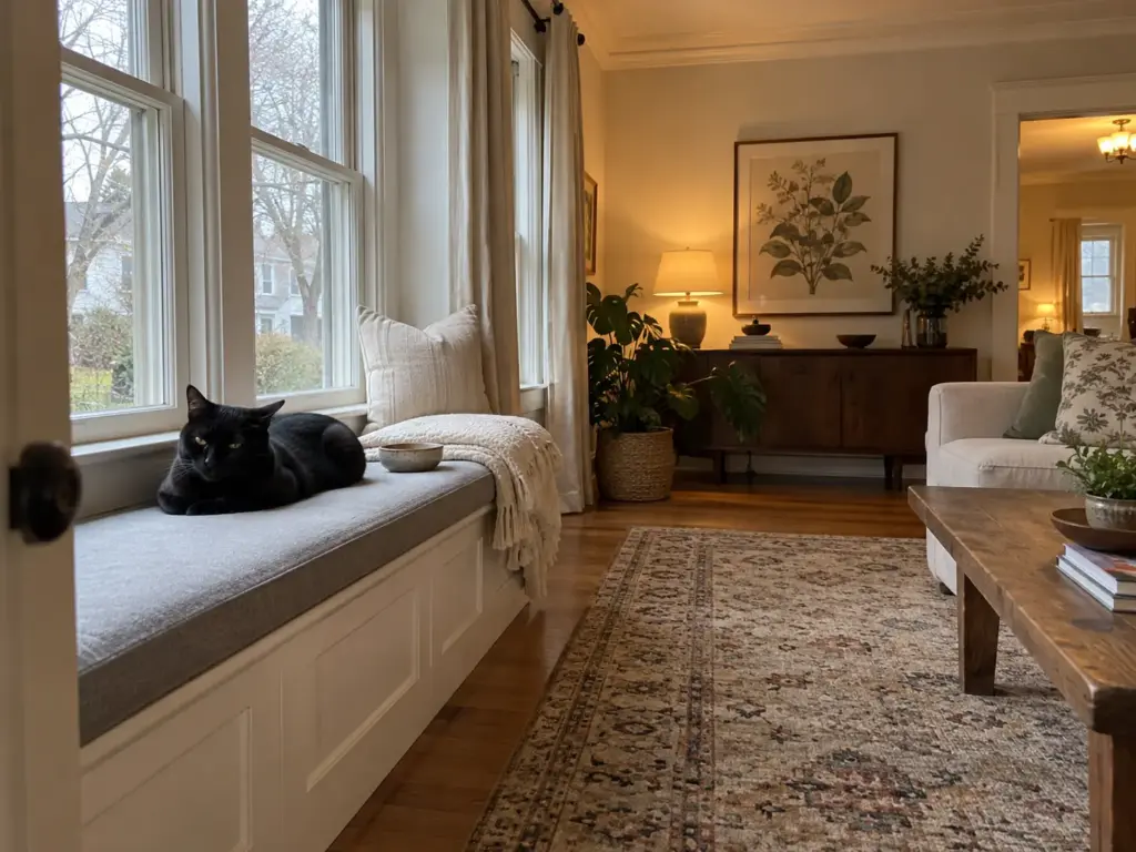 A young black shorthair cat loafing on a built-in window bench beside a folded cream throw in a renovated living room