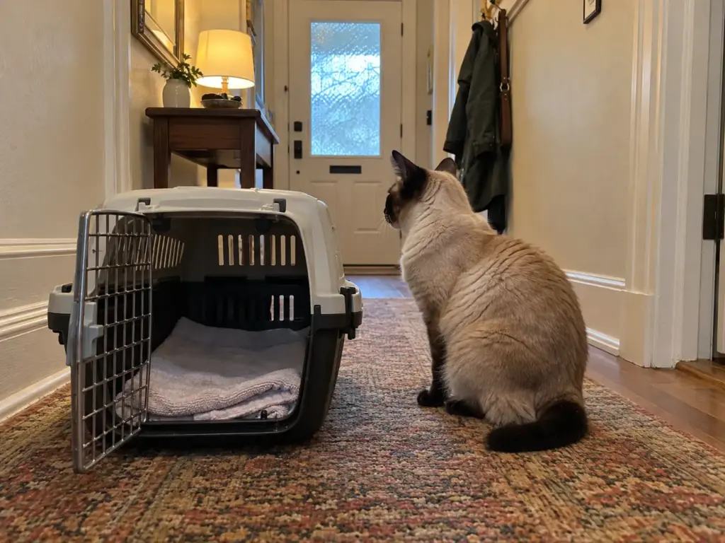 An open cat carrier on a hallway runner with a cream-point Siamese mix sitting calmly beside it