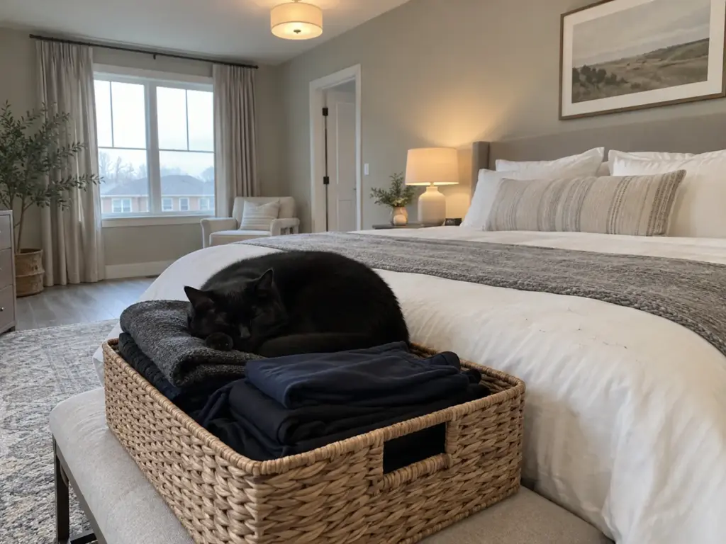 A black short-haired cat sleeps curled on a laundry basket of folded dark clothes at the foot of a made bed