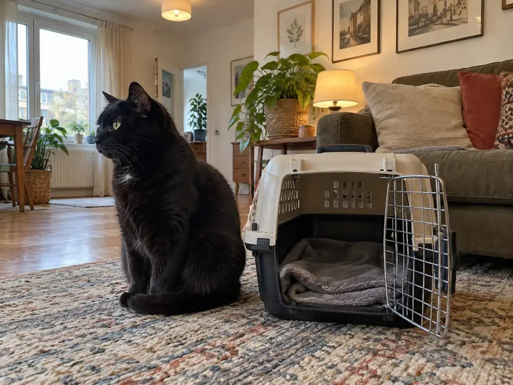 A black shorthair cat sits calmly beside an open cat carrier lined with a fleece on a living-room rug