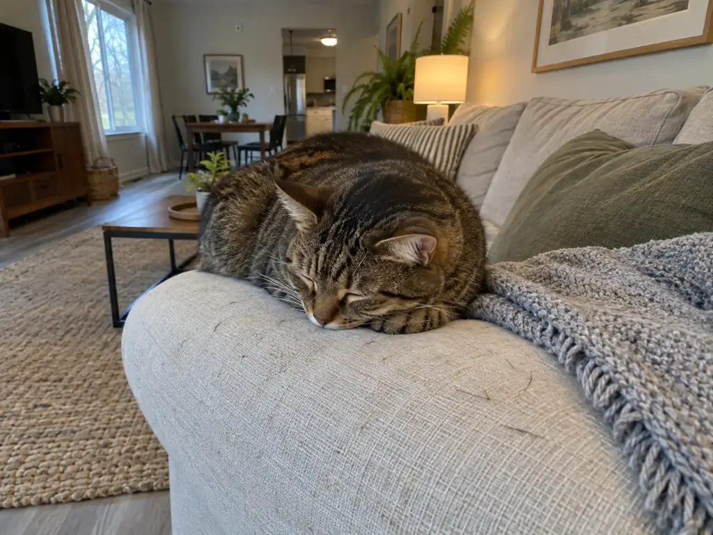 Brown tabby shorthair asleep on a sofa arm with a few short hairs on the oatmeal fabric around it
