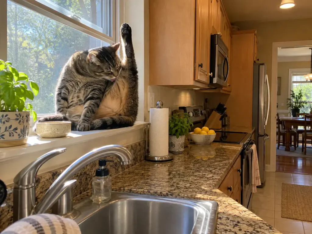 A brown tabby sits on a kitchen windowsill with one hind leg raised as he washes, a basil pot beside him in morning sun
