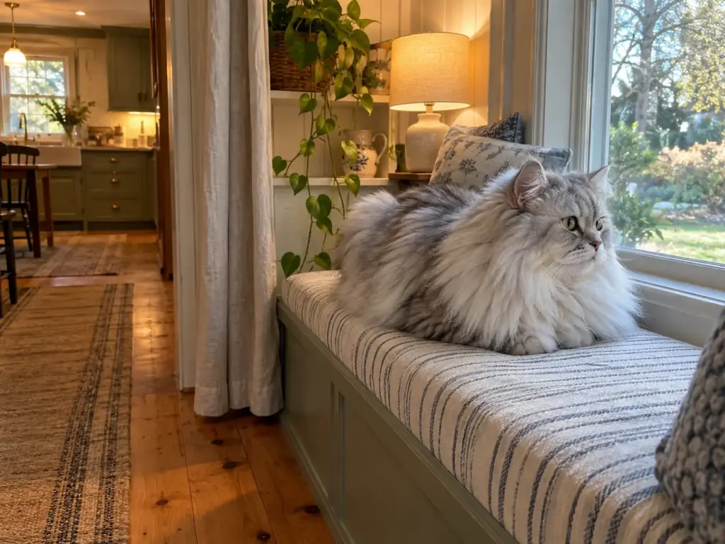 A silver-shaded long-haired cat on a window seat, outer hairs over a paler undercoat, the two layers of a cat coat