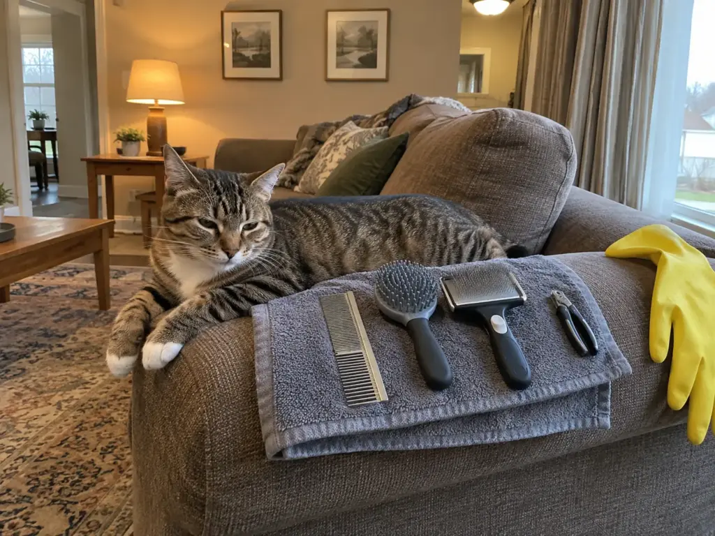 Four grooming tools laid on a folded towel on a sofa arm beside a sleeping brown tabby cat and a drying rubber glove