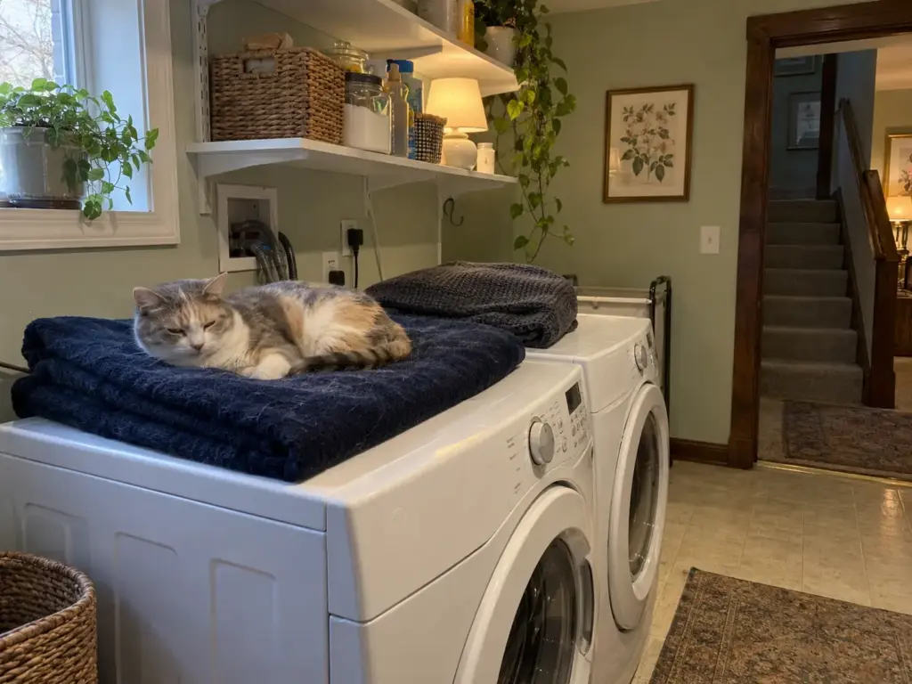 Dilute calico cat lying on a folded dark fleece throw on the washer, with pale cat hair visible on the fleece
