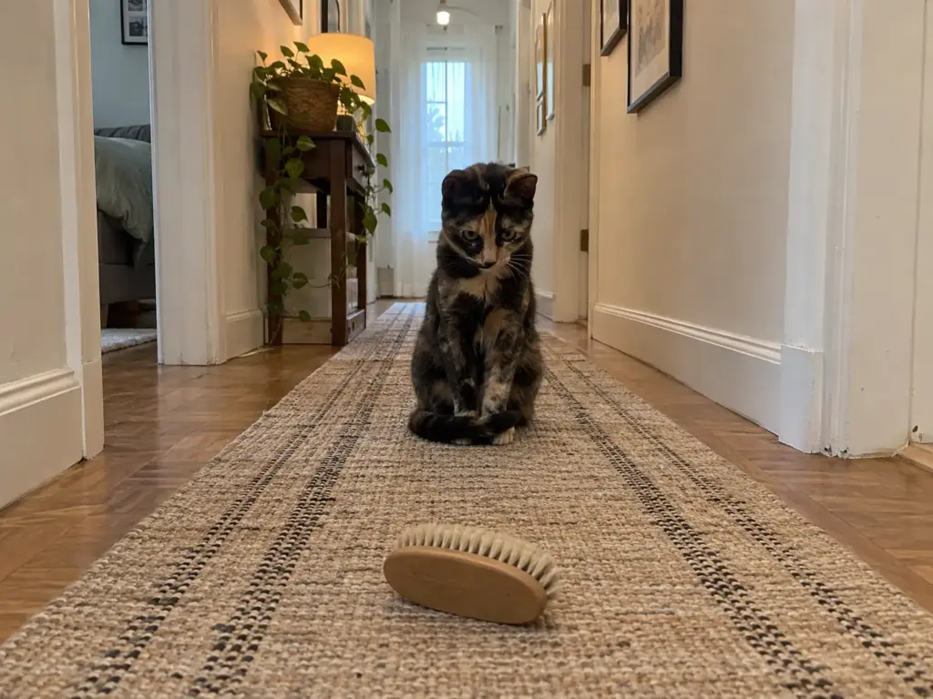 A young tortoiseshell cat sits a body's length from a plain pet brush on a hallway runner, keeping its distance