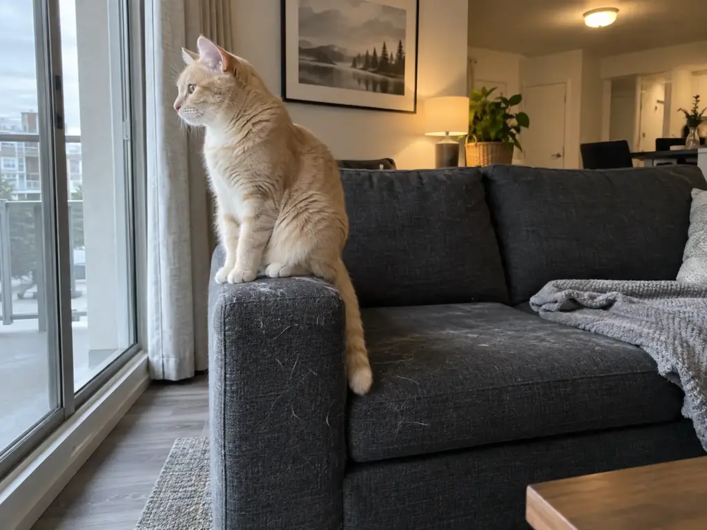A cream tabby sits on the arm of a charcoal sofa with fine pale hair clinging to the dark fabric beside him