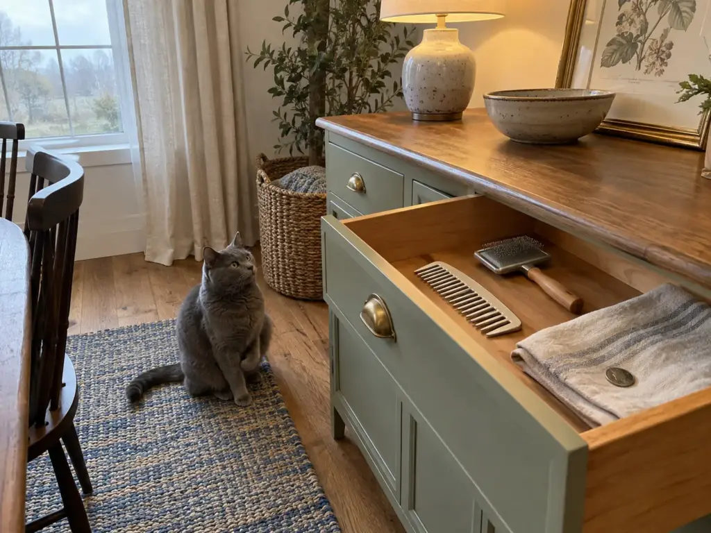 An open sideboard drawer holding a steel comb with rounded teeth, a slicker brush and a nickel, a gray cat nearby