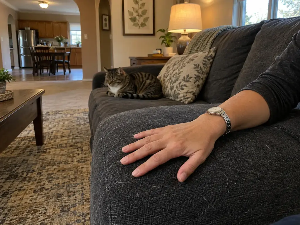 A woman's flat hand on a charcoal microfiber sofa arm beside short cat hairs while a brown tabby sleeps at the far end