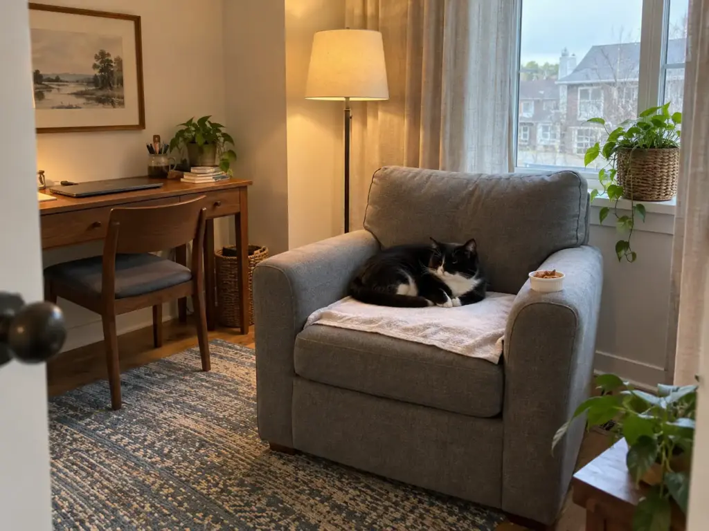 A tuxedo cat curled in an armchair with a folded towel on the seat and a small dish of treats on the arm