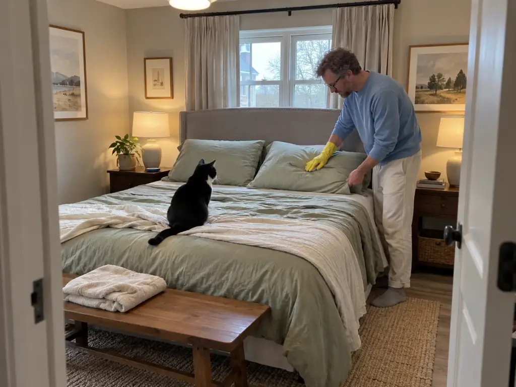 A man runs a damp yellow rubber glove along a pillowcase while a tuxedo cat sits at the foot of the bed