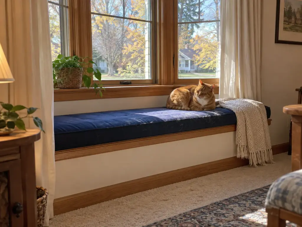 A short-haired red tabby sleeps in a loaf on a navy window-seat cushion with a few ginger hairs along its edge