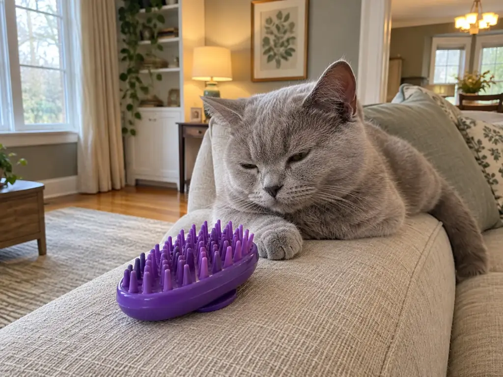 A silicone rubber-pin cat brush on the sofa arm beside a young short-haired cat, the weekly minimum for a short coat