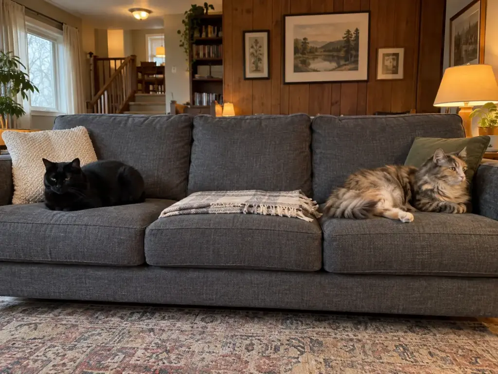 A short-haired black cat and a semi-long tortoiseshell resting at opposite ends of a sofa, two very different coats