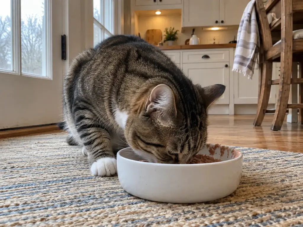 A brown tabby eating wet food from a white ceramic cat bowl with a dried ring of food along the rim