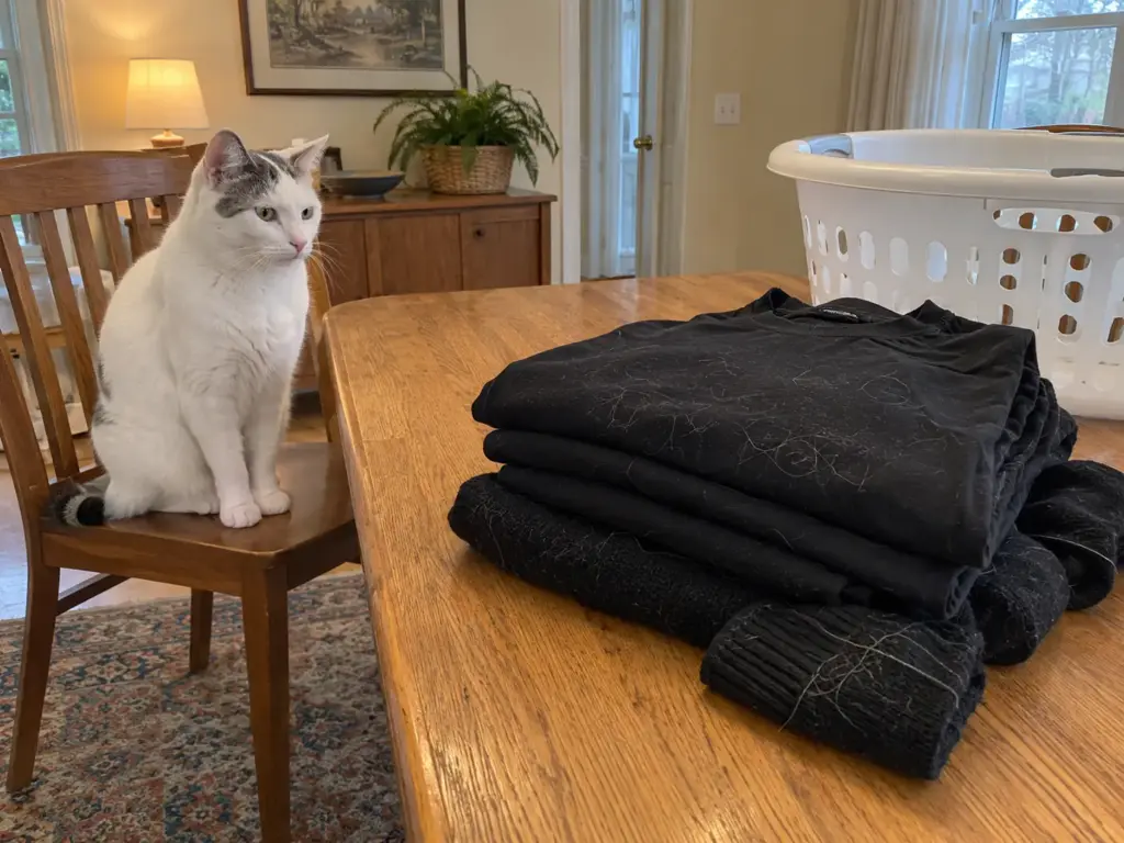 A white cat with grey patches sits beside a stack of folded black shirts with pale hairs on the top one