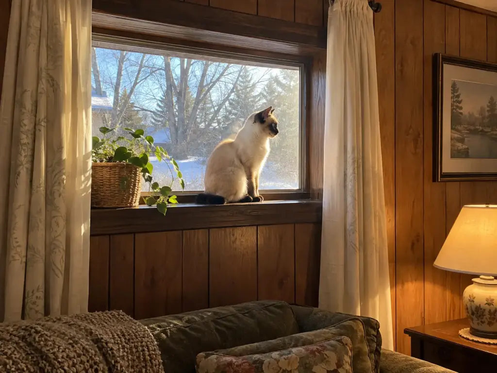 A young cream-point Siamese mix sits upright on a deep windowsill in a patch of low winter sun with a lamp lit below