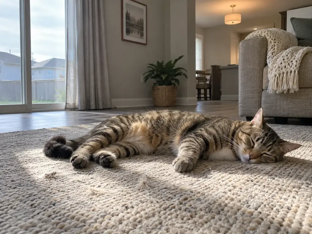 Young brown tabby asleep on a rug in a patch of window sun with loose short hairs catching the light