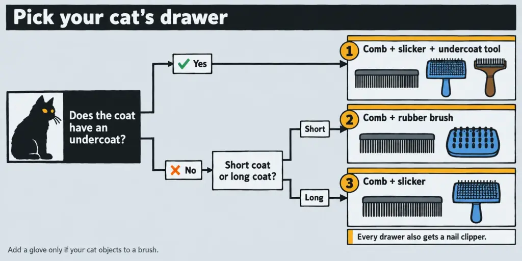 Decision tree asking about undercoat and coat length that ends in three cat grooming drawer combinations