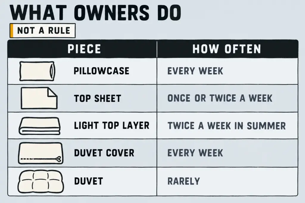 Table of bedding pieces with how often owners wash each: pillowcase, top sheet, light top layer, duvet cover and duvet