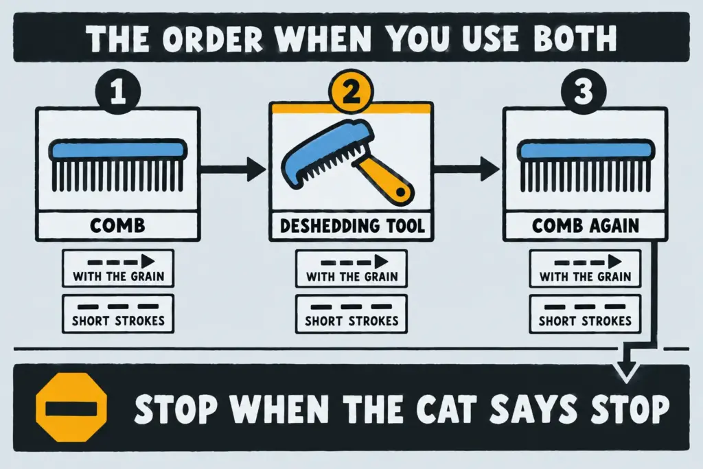 Three-step timeline: comb, deshedding tool, comb again, with short strokes with the grain, plus a stop-when-the-cat-says row