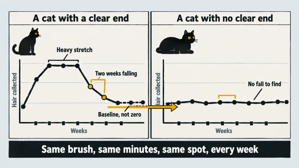 Eight-week chart of hair collected weekly: a curve rising, holding, falling to a baseline, beside a flat line for a cat with no clear end.