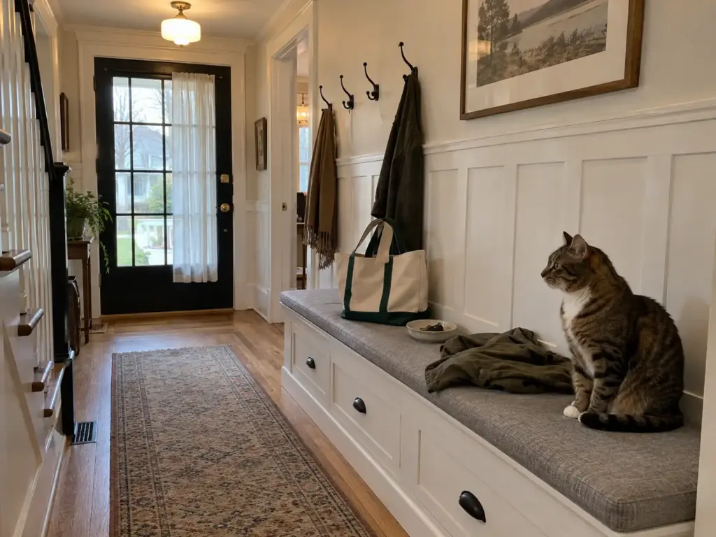 A calm brown tabby sitting on an entry bench beside a canvas tote and car keys, looking at the front door of a hall