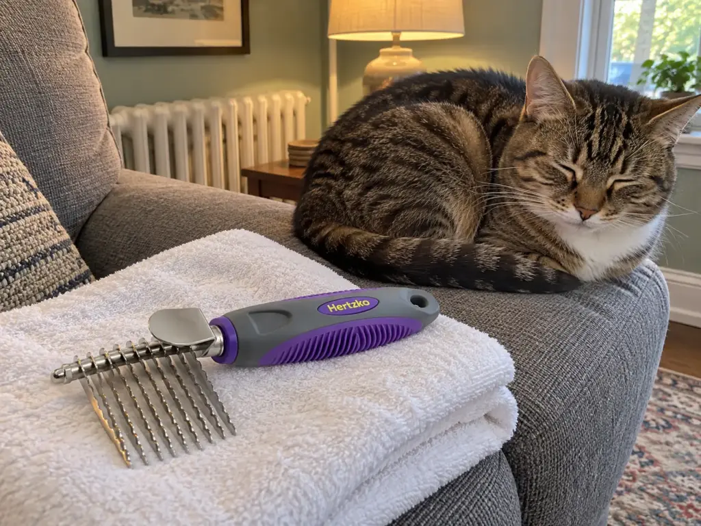 A stainless-steel dematting comb on a folded towel at the end of a sofa beside a sleeping brown mackerel tabby