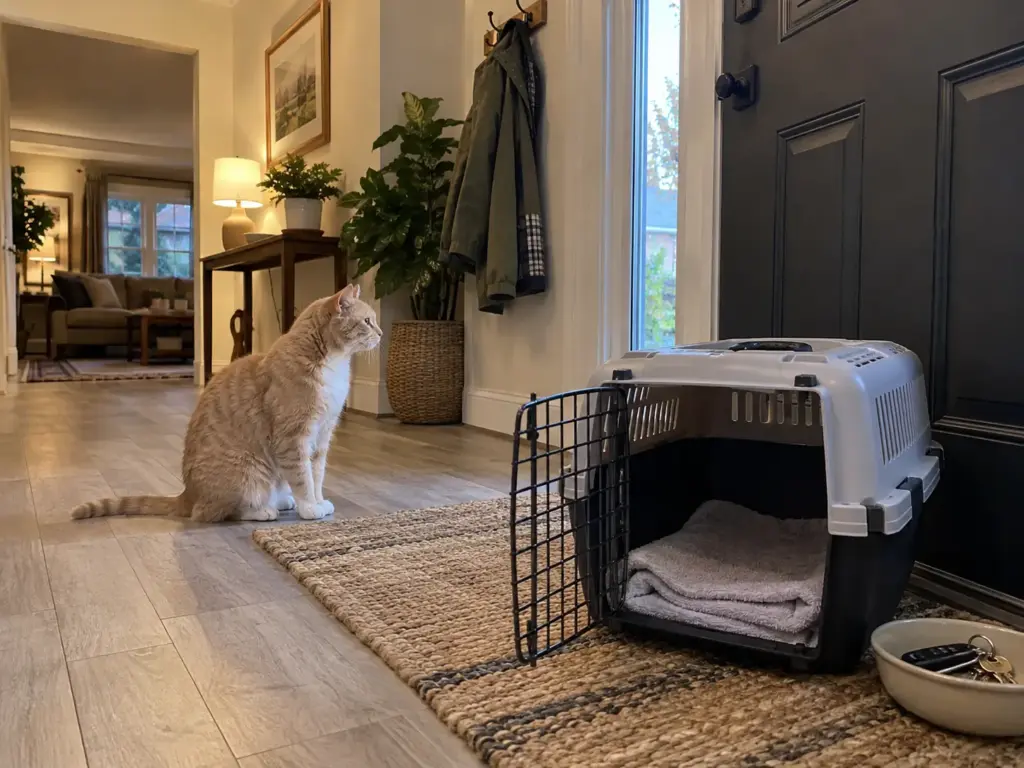 An open cat carrier on an entryway rug with a folded towel inside and an older cream tabby sitting calmly beside it