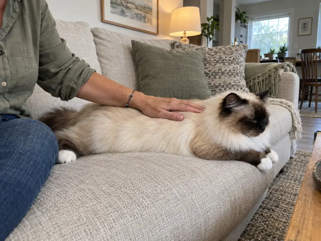 A hand resting on the smooth semi-long coat of a Birman cat lying along a sofa cushion