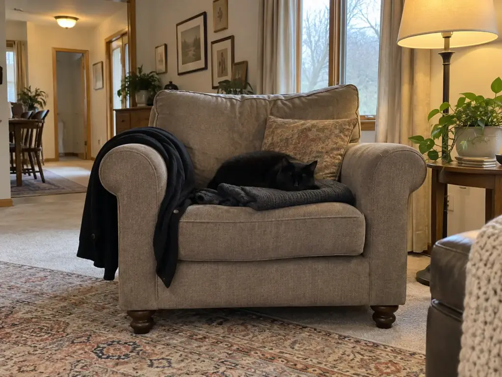 A black cat asleep on a folded charcoal sweater in an armchair with a black cardigan over the arm