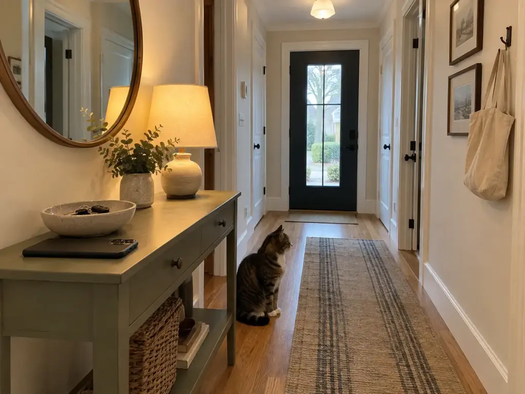 A calm tabby sits by a hallway console with keys and a phone, the house where a brushing question becomes a vet call