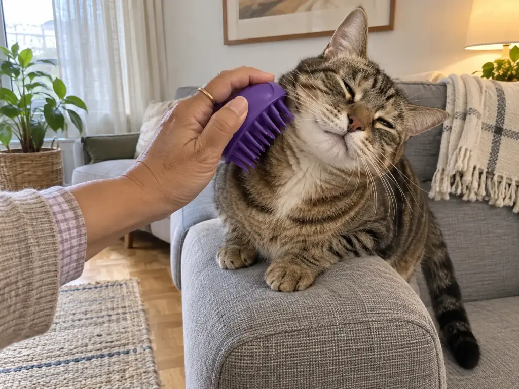 A hand holds out a soft rubber-pin silicone cat brush while a senior tabby rubs its cheek against it