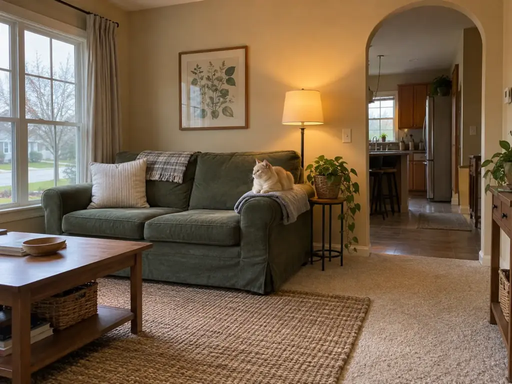 A cream shorthair cat rests in a loaf on a folded grey blanket on the arm of a sage-green sofa in calm morning light
