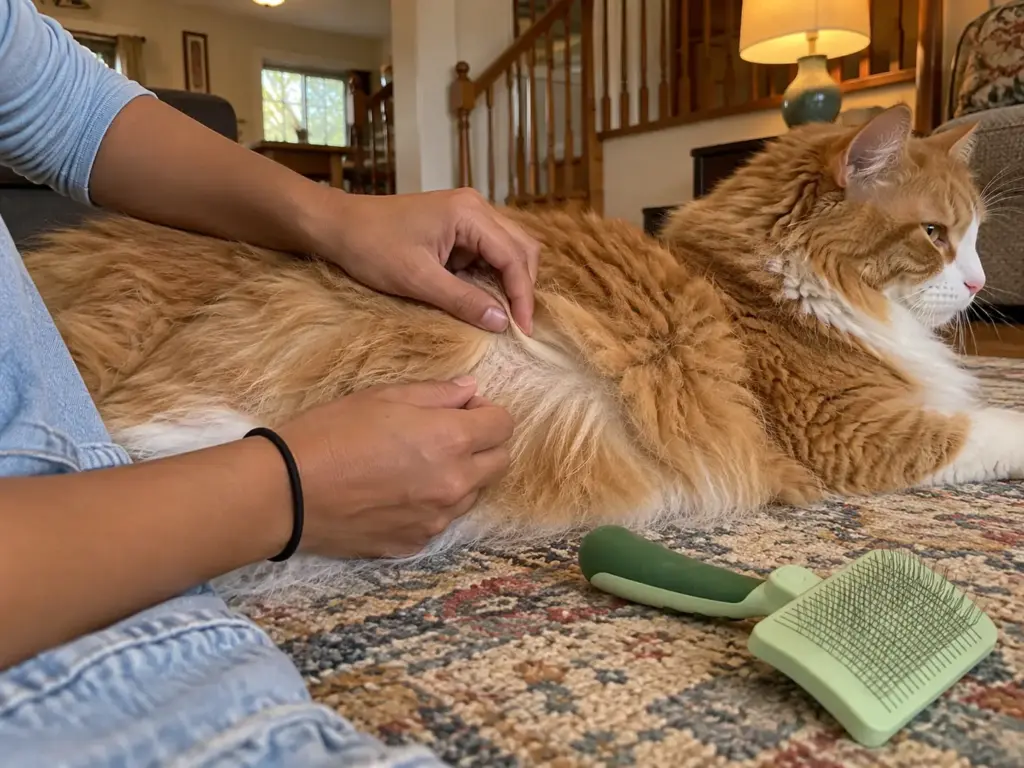 Two fingers hold open the long fur on a ginger-and-white cat's flank, a slicker brush on the rug beside it