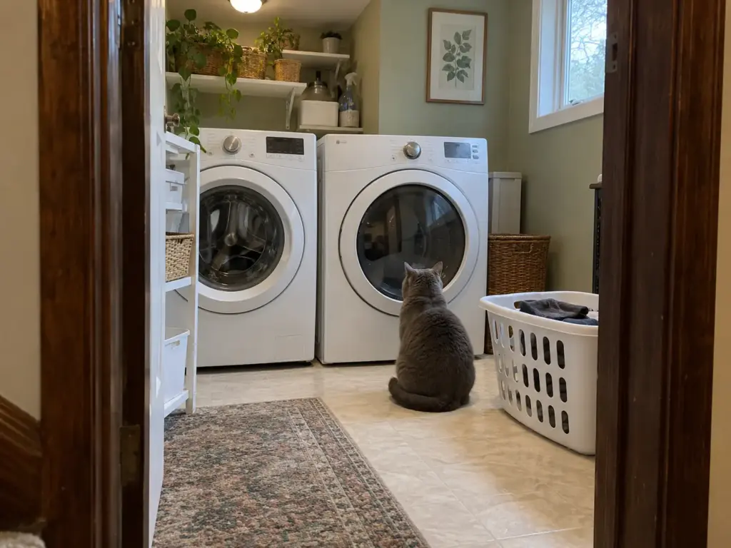 Solid grey cat sitting on the floor looking at a closed front-load dryer next to a basket of laundry