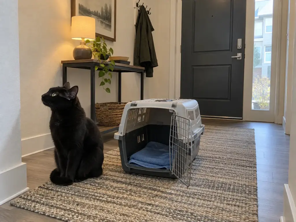A lean older black cat sits calmly beside an open pet carrier on a hallway runner by the front door