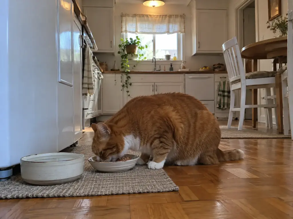 An older ginger and white cat eats calmly from a ceramic dish on a kitchen floor beside a water bowl