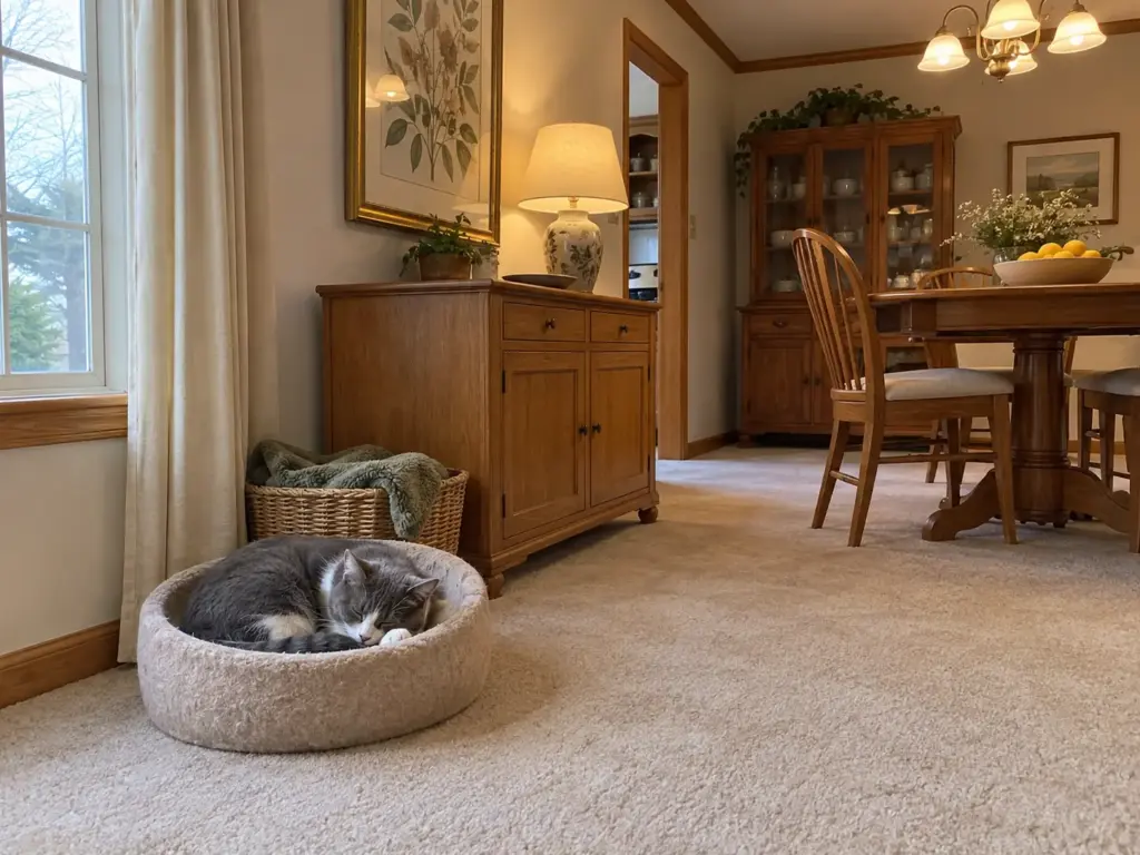 A lean older grey-and-white cat sleeps in a round bed in a bright dining-room corner beside a wicker basket
