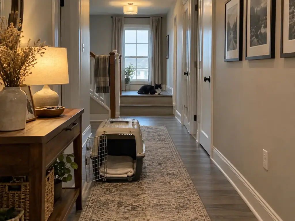 Open cat carrier with a folded towel on a hallway runner, an older tuxedo cat asleep on the top stair far behind