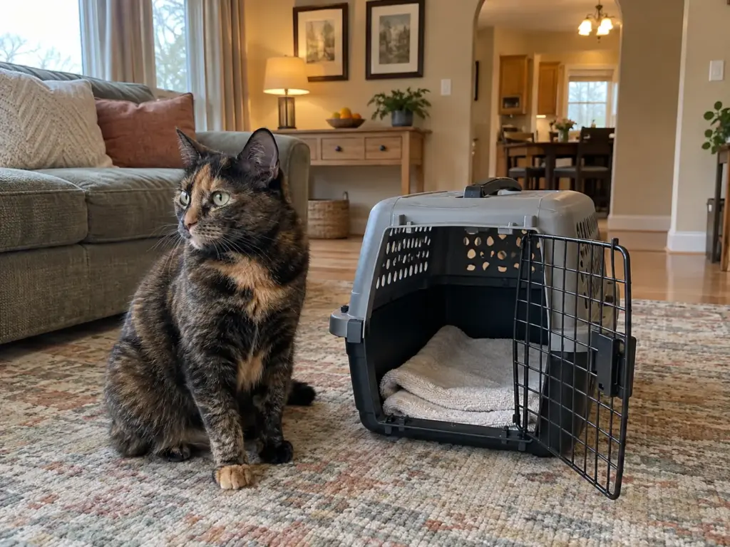 An open grey cat carrier with a folded towel on a living room rug and a calm tortoiseshell cat sitting beside it