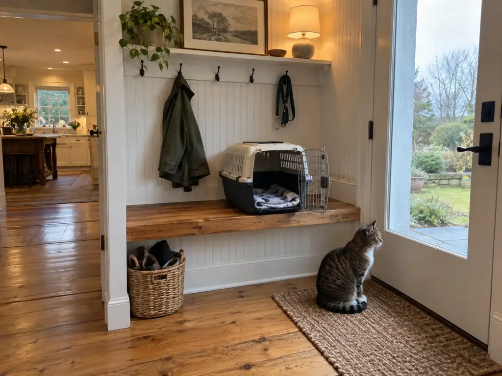 A calm brown tabby on the mudroom doormat beside an open cat carrier, the house where a grooming question becomes a vet call